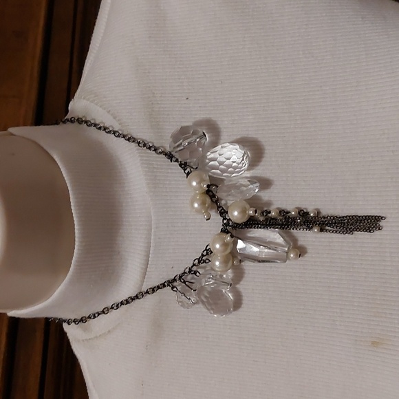 Jewelry - Faceted Acrylic Crystals Faux Pearls and Dangling Chains Statement Necklace